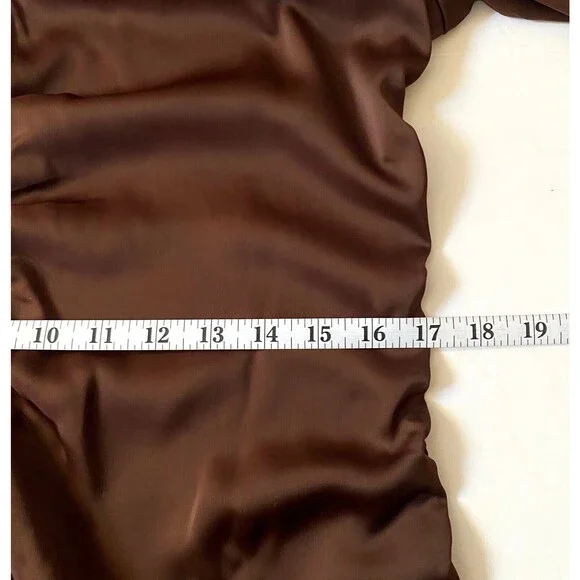 HM Satin Cinched Blouse Women's Medium Brown Trumpet Sleeves V-Neck Pullover - Picture 9 of 11